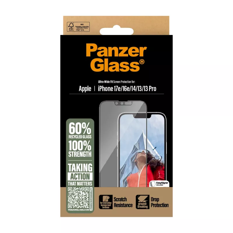 PanzerGlass® apsauginis stiklas iPhone 17e | 16e | 14 | 13 | 13 Pro | Ultra-Wide Fit su EasyAligner