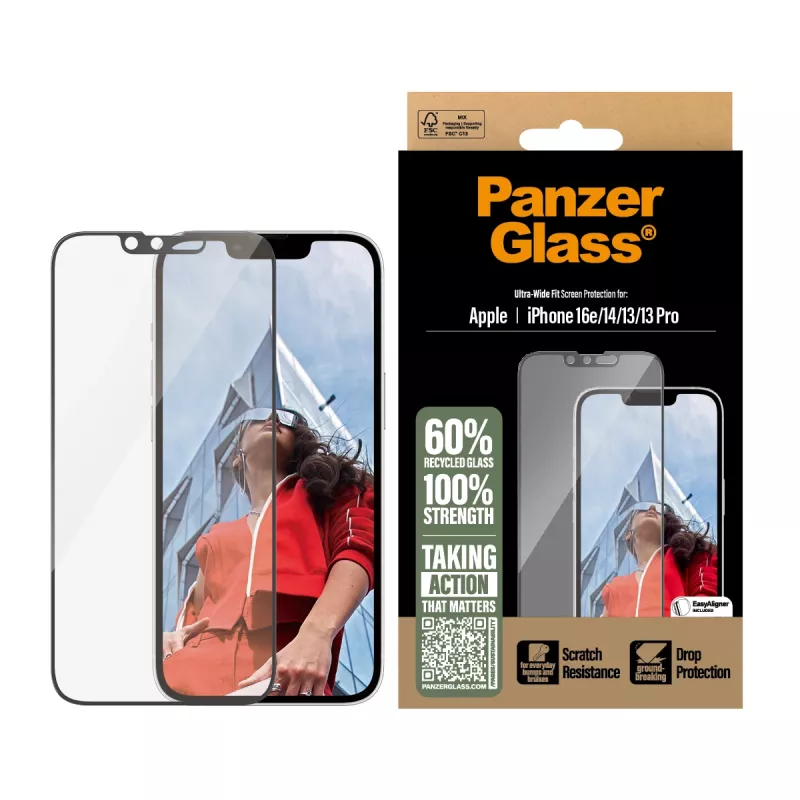PanzerGlass® apsauginis stiklas iPhone 17e | 16e | 14 | 13 | 13 Pro | Ultra-Wide Fit su EasyAligner