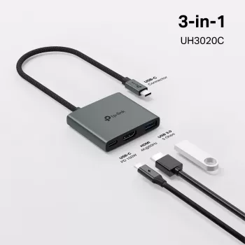 USB Type-C šakotuvas TP-Link UH3020C — 3 prievadai (HDMI, USB-A, USB-C), 5 Gbit/s, HDMI 4K@60Hz, PD iki 100W, aliuminis, 0,18 m laidas