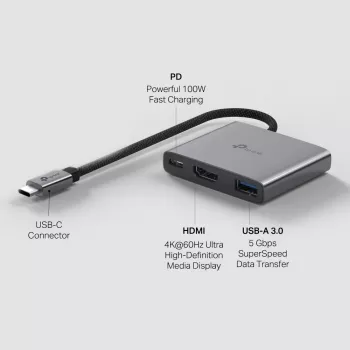USB Type-C šakotuvas TP-Link UH3020C — 3 prievadai (HDMI, USB-A, USB-C), 5 Gbit/s, HDMI 4K@60Hz, PD iki 100W, aliuminis, 0,18 m laidas