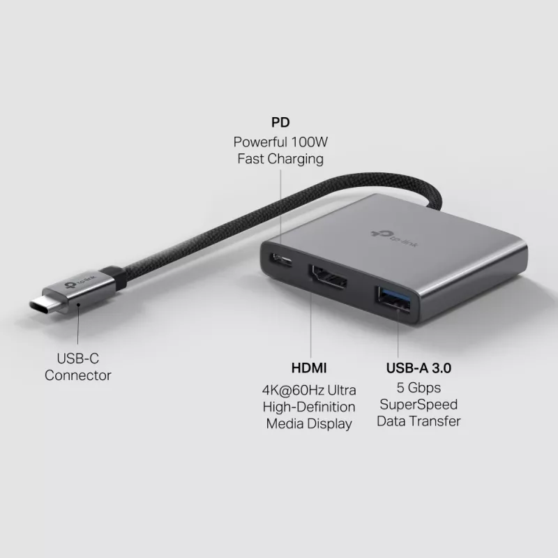USB Type-C šakotuvas TP-Link UH3020C — 3 prievadai (HDMI, USB-A, USB-C), 5 Gbit/s, HDMI 4K@60Hz, PD iki 100W, aliuminis, 0,18 m laidas