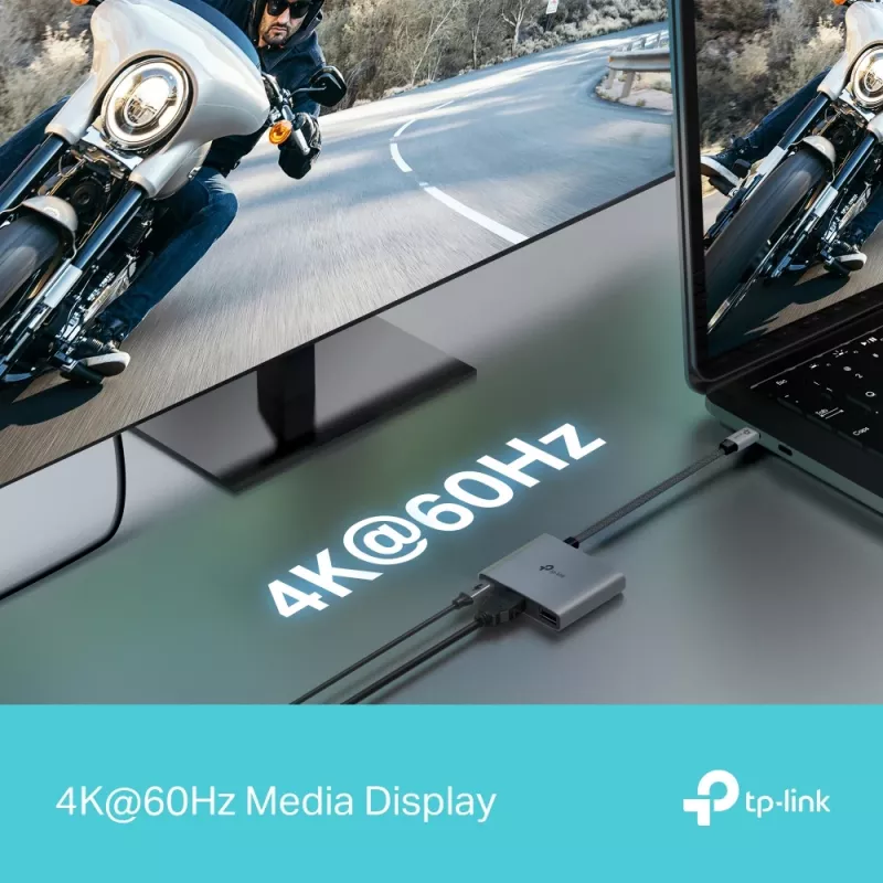 USB Type-C šakotuvas TP-Link UH3020C — 3 prievadai (HDMI, USB-A, USB-C), 5 Gbit/s, HDMI 4K@60Hz, PD iki 100W, aliuminis, 0,18 m laidas