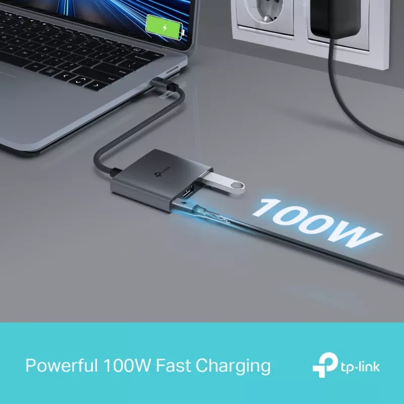 USB Type-C šakotuvas TP-Link UH3020C — 3 prievadai (HDMI, USB-A, USB-C), 5 Gbit/s, HDMI 4K@60Hz, PD iki 100W, aliuminis, 0,18 m laidas