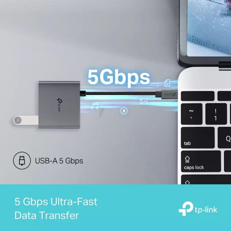 USB Type-C šakotuvas TP-Link UH3020C — 3 prievadai (HDMI, USB-A, USB-C), 5 Gbit/s, HDMI 4K@60Hz, PD iki 100W, aliuminis, 0,18 m laidas