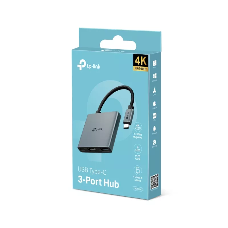 USB Type-C šakotuvas TP-Link UH3020C — 3 prievadai (HDMI, USB-A, USB-C), 5 Gbit/s, HDMI 4K@60Hz, PD iki 100W, aliuminis, 0,18 m laidas
