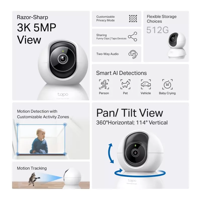 TP-Link Tapo Pan/Tilt AI namų apsaugos „Wi-Fi“ kamera, 3K 5MP, 2.4 GHz, horizontali 360°