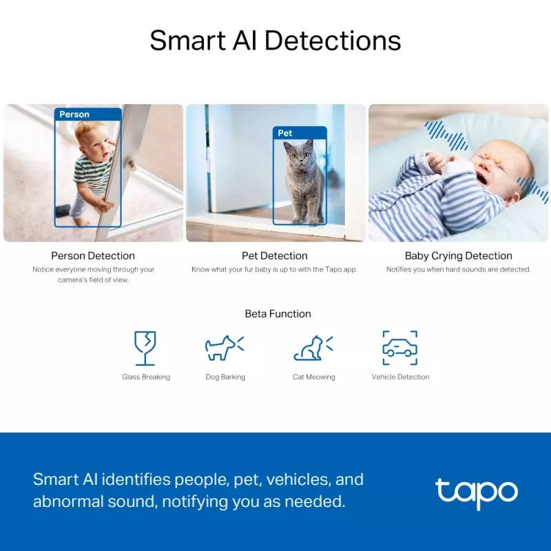 TP-Link Tapo Pan/Tilt AI namų apsaugos „Wi-Fi“ kamera, 3K 5MP, 2.4 GHz, horizontali 360°