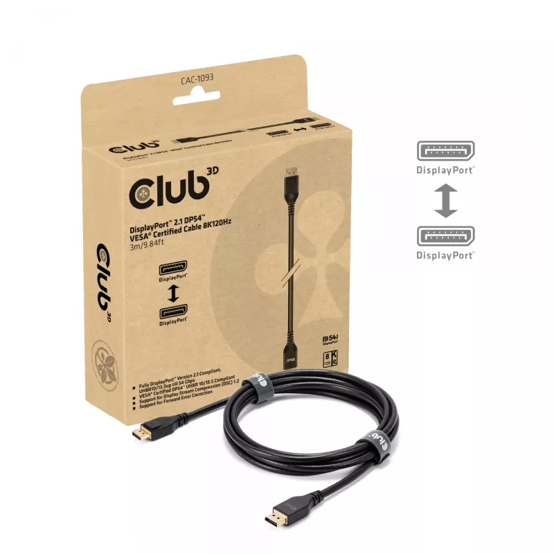 CLUB3D DisplayPort™ 2.1 DP54™ VESA® sertifikuotas laidas 8K120Hz 3m/ 9.84ft