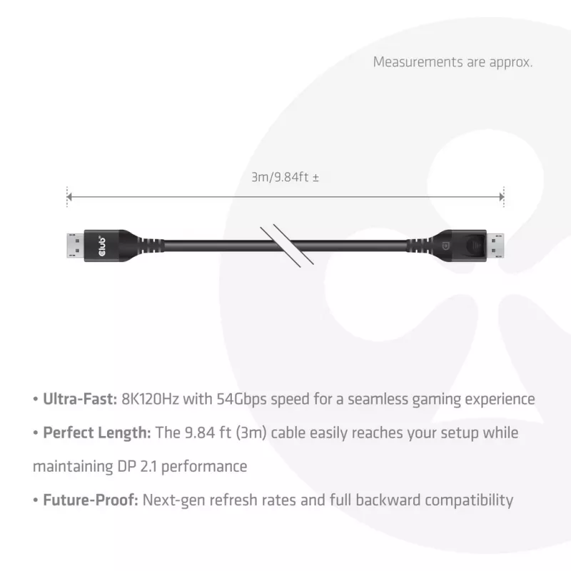 CLUB3D DisplayPort™ 2.1 DP54™ VESA® sertifikuotas laidas 8K120Hz 3m/ 9.84ft