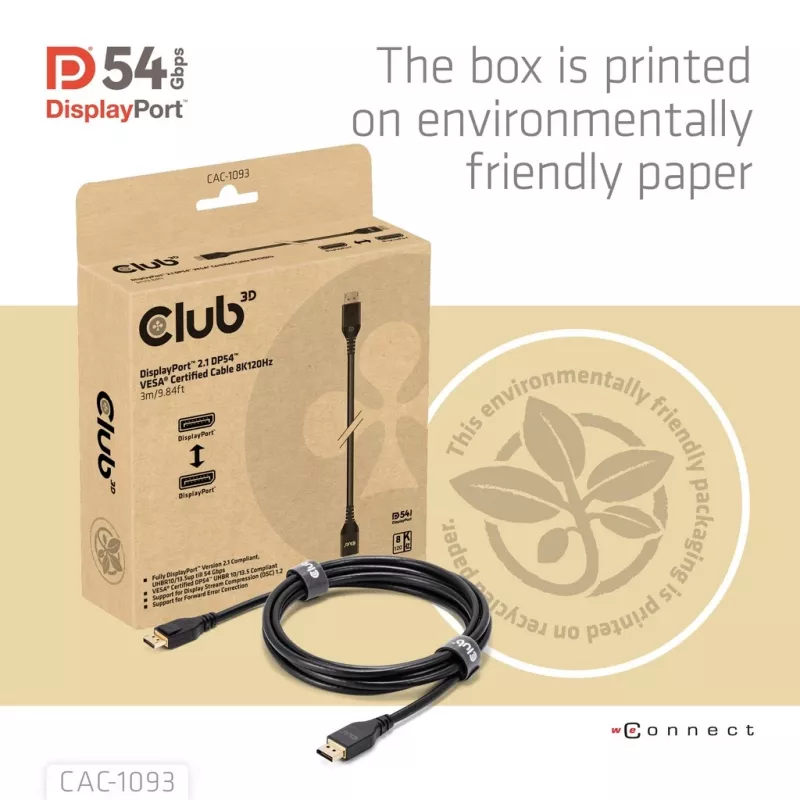CLUB3D DisplayPort™ 2.1 DP54™ VESA® sertifikuotas laidas 8K120Hz 3m/ 9.84ft