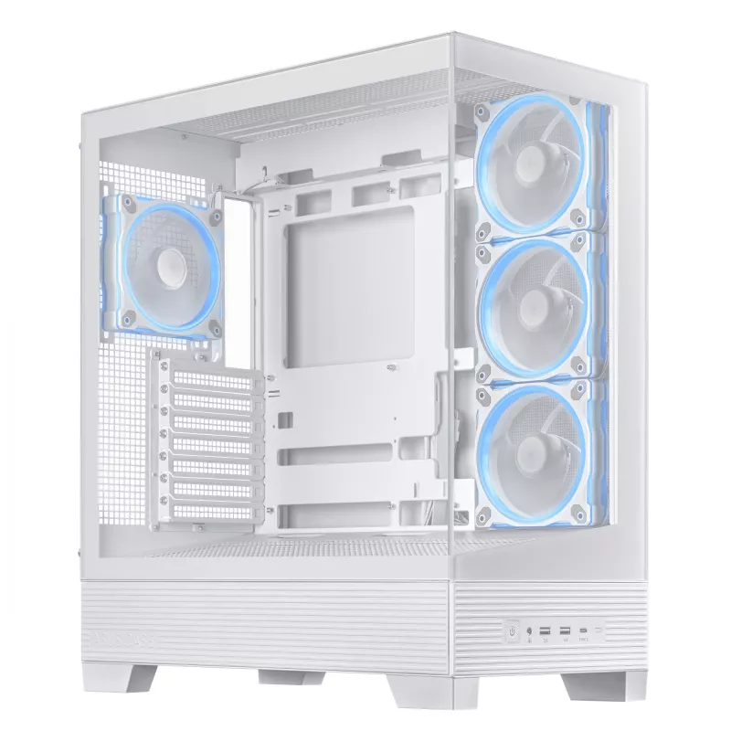 PC korpusas ASUS A31 Plus TG ARGB WHITE Midi Tower — ATX, grūdintas stiklas, ARGB, 3x120mm + 1x120mm ventiliatoriai, 38 cm vaizdo plokštė, 165 mm CPU aušintuvas