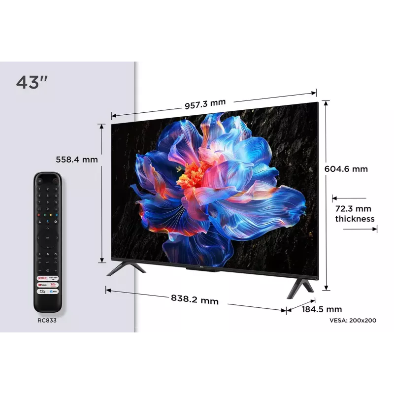 Televizorius TCL V6C 43 colių 4K Ultra HD DLED, Direct‑LED, Google TV, HDR10+, 3840×2160, 60Hz, 20W