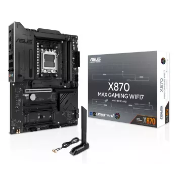 Pagrindinė plokštė ASUS X870 MAX GAMING WIFI7 ATX – AMD X870, Socket AM5, DDR5, 4 DIMM, 256 GB, Wi‑Fi 7, Bluetooth 5.4, 3 M.2, 2x USB4 Gen3x2