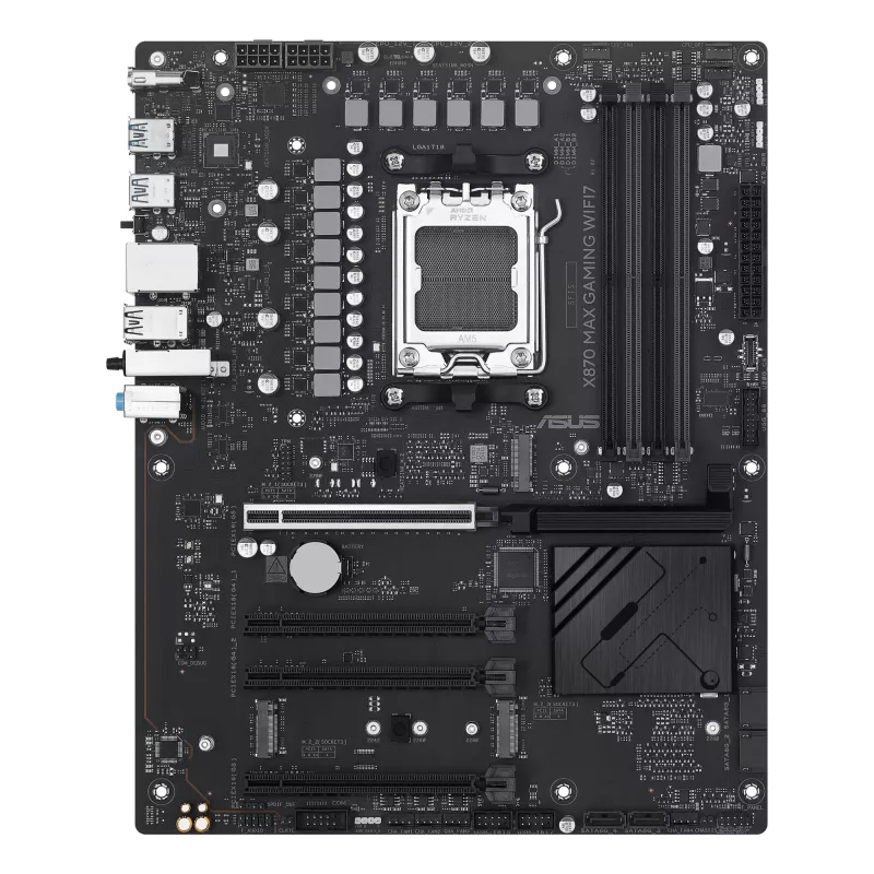 Pagrindinė plokštė ASUS X870 MAX GAMING WIFI7 ATX – AMD X870, Socket AM5, DDR5, 4 DIMM, 256 GB, Wi‑Fi 7, Bluetooth 5.4, 3 M.2, 2x USB4 Gen3x2