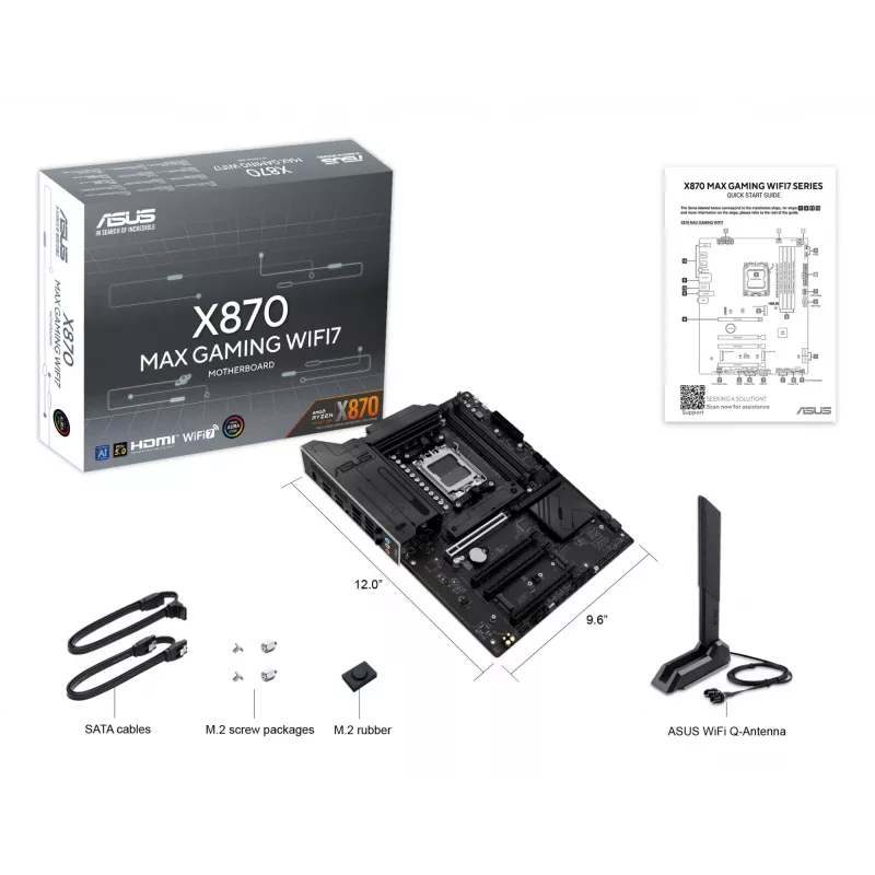 Pagrindinė plokštė ASUS X870 MAX GAMING WIFI7 ATX – AMD X870, Socket AM5, DDR5, 4 DIMM, 256 GB, Wi‑Fi 7, Bluetooth 5.4, 3 M.2, 2x USB4 Gen3x2