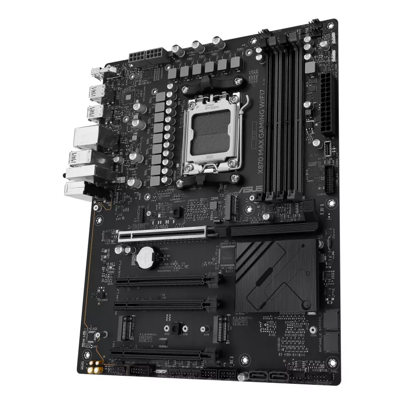 Pagrindinė plokštė ASUS X870 MAX GAMING WIFI7 ATX – AMD X870, Socket AM5, DDR5, 4 DIMM, 256 GB, Wi‑Fi 7, Bluetooth 5.4, 3 M.2, 2x USB4 Gen3x2