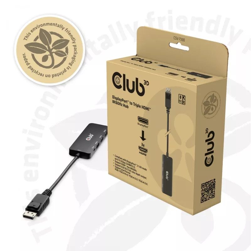 CLUB3D DisplayPort™ į Trigubą HDMI™ 8K60Hz Hub, DisplayPort, HDMI, 2.1b/1.4a, 13.5 Mbit/s, 120 Hz, 3840 x 2160, 7680 x 4320