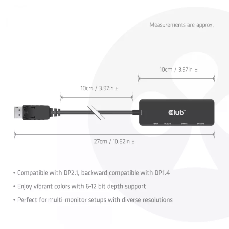 CLUB3D DisplayPort™ į Trigubą HDMI™ 8K60Hz Hub, DisplayPort, HDMI, 2.1b/1.4a, 13.5 Mbit/s, 120 Hz, 3840 x 2160, 7680 x 4320