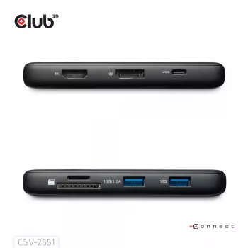 CLUB3D 8-1 Nešiojama USB Type-C 10Gbps stotelė su HDMI ir DisplayPort 8K30Hz PD iki 100W