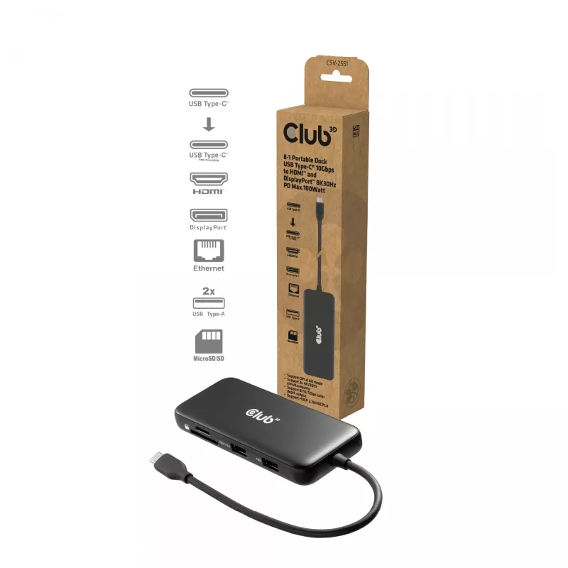 CLUB3D 8-1 Nešiojama USB Type-C 10Gbps stotelė su HDMI ir DisplayPort 8K30Hz PD iki 100W