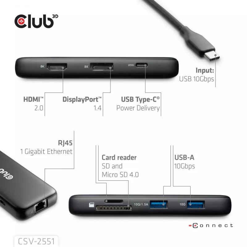 CLUB3D 8-1 Nešiojama USB Type-C 10Gbps stotelė su HDMI ir DisplayPort 8K30Hz PD iki 100W