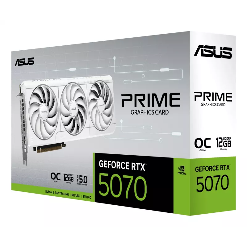 Vaizdo plokštė ASUS GeForce RTX 5070 12 GB GDDR7, PCIe 5.0, 192 bitų, balta, 3 ventiliatoriai