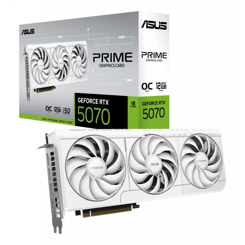 Vaizdo plokštė ASUS GeForce RTX 5070 12 GB GDDR7, PCIe 5.0, 192 bitų, balta, 3 ventiliatoriai