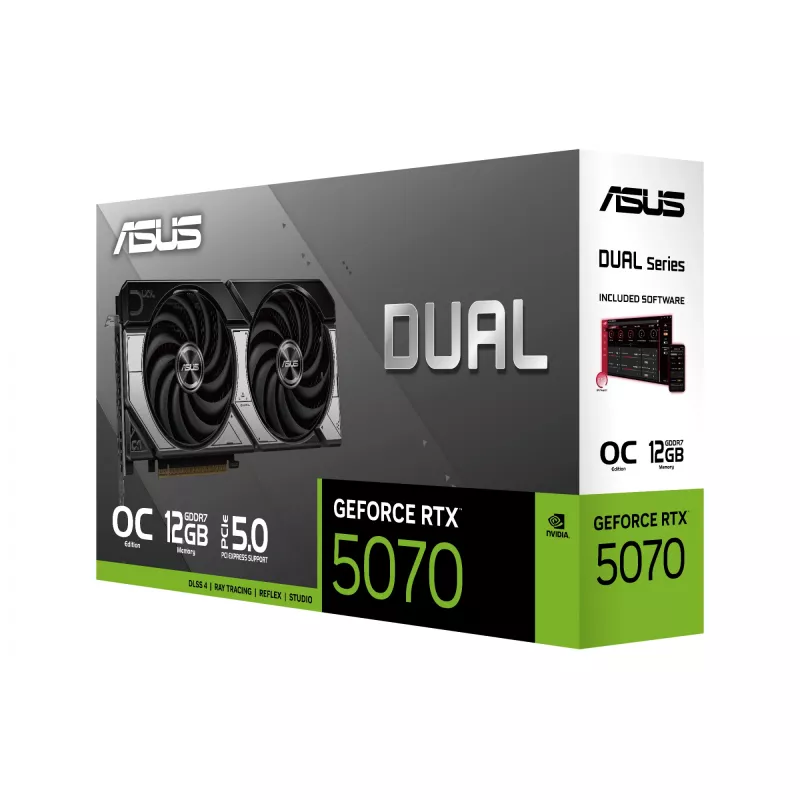 Vaizdo plokštė ASUS GeForce RTX 5070 — 12 GB GDDR7, PCIe 5.0, 192 bitų, 3x DisplayPort 2.1b, 1x HDMI 2.1b