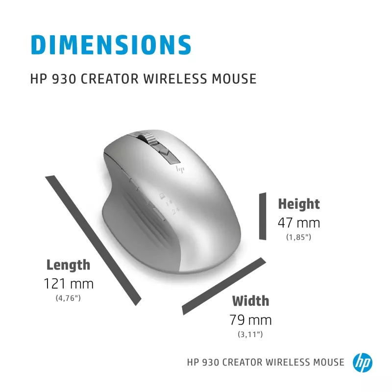 HP 930 Creator Wireless Mouse, dešinei rankai, Bluetooth, 3000 DPI, sidabrinis