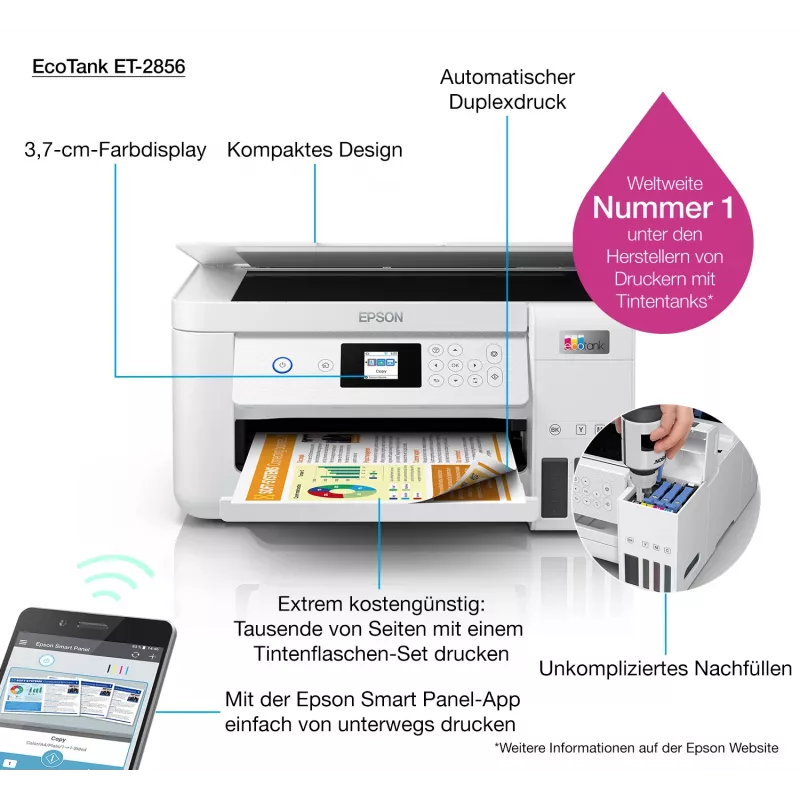 Epson EcoTank ET-2856 daugiafunkcis rašalinis spausdintuvas A4, 5760 x 1440 DPI, 33 ppm, Wi-Fi