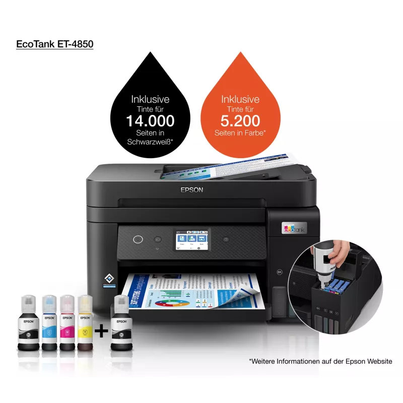 Epson EcoTank ET-4850 daugiafunkcis spausdintuvas (rašalinis, A4, 4800x1200 DPI, 33 ppm, Wi-Fi)