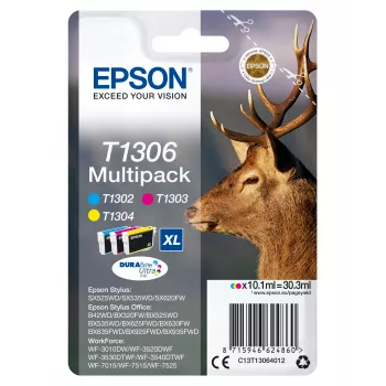 Epson Stag Multipack 3 spalvos T1306 DURABrite Ultra rašalas, didelės talpos (XL), Cianganas, Purpurinė, Geltona, pigmentinis rašalas, 10,1 ml, 1 vnt., kelių spalvų rinkinys