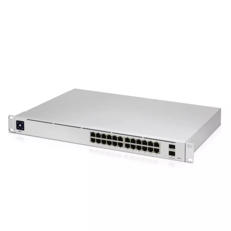 Valdomas jungiklis UBIQUITI USW-PRO-24-EU — 24× Gigabit RJ-45, 2× SFP+, L2/L3, montuojamas į stelažą, sidabrinis