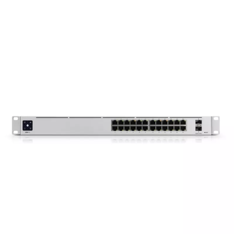 Valdomas jungiklis UBIQUITI USW-PRO-24-EU — 24× Gigabit RJ-45, 2× SFP+, L2/L3, montuojamas į stelažą, sidabrinis
