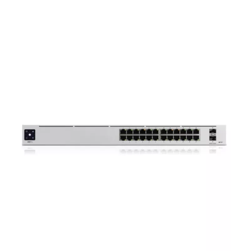 Valdomas jungiklis UBIQUITI USW-PRO-24-EU — 24× Gigabit RJ-45, 2× SFP+, L2/L3, montuojamas į stelažą, sidabrinis