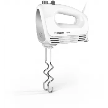 Rankinis plaktuvas Bosch MFQ24200 – 400 W, 4 greičiai, turbo, šlifuotas plienas/baltas
