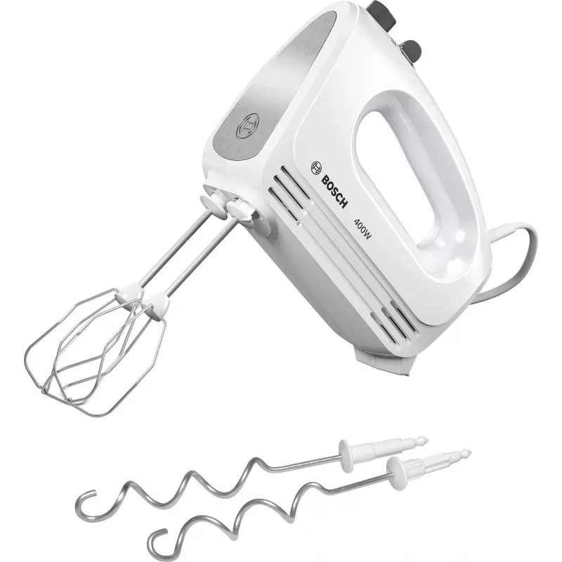 Rankinis plaktuvas Bosch MFQ24200 – 400 W, 4 greičiai, turbo, šlifuotas plienas/baltas