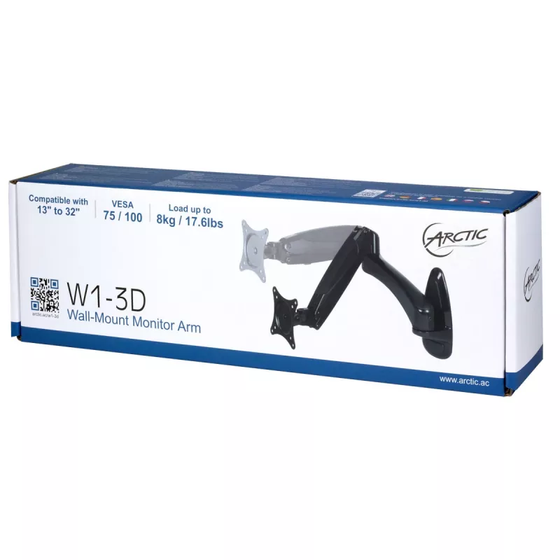 ARCTIC W1-3D - Sieninis monitoriaus laikiklis su dujų pakėlimo technologija, 8 kg, 33 cm (13 colių), 81,3 cm (32 coliai), 75 x 75 mm, 100 x 100 mm, juodas