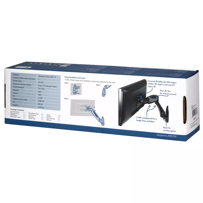 ARCTIC W1-3D - Sieninis monitoriaus laikiklis su dujų pakėlimo technologija, 8 kg, 33 cm (13 colių), 81,3 cm (32 coliai), 75 x 75 mm, 100 x 100 mm, juodas