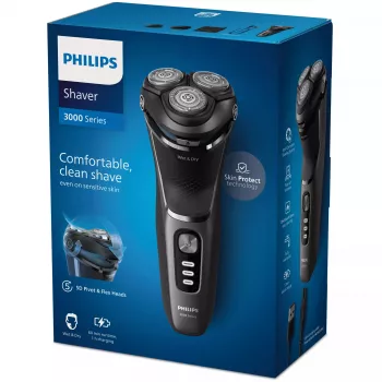 Elektrinis skustuvas Philips 3000 Series S3343/13 – 3 galvutės, šlapias ir sausas, 60 min baterija, PowerCut ašmenys