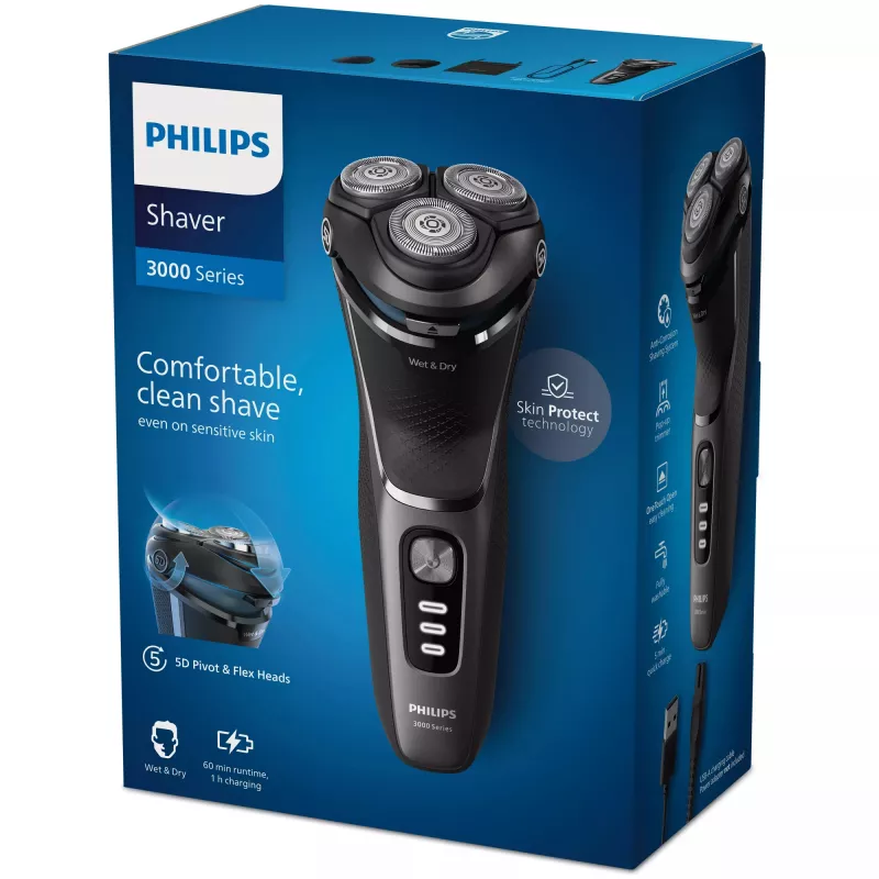 Elektrinis skustuvas Philips 3000 Series S3343/13 – 3 galvutės, šlapias ir sausas, 60 min baterija, PowerCut ašmenys