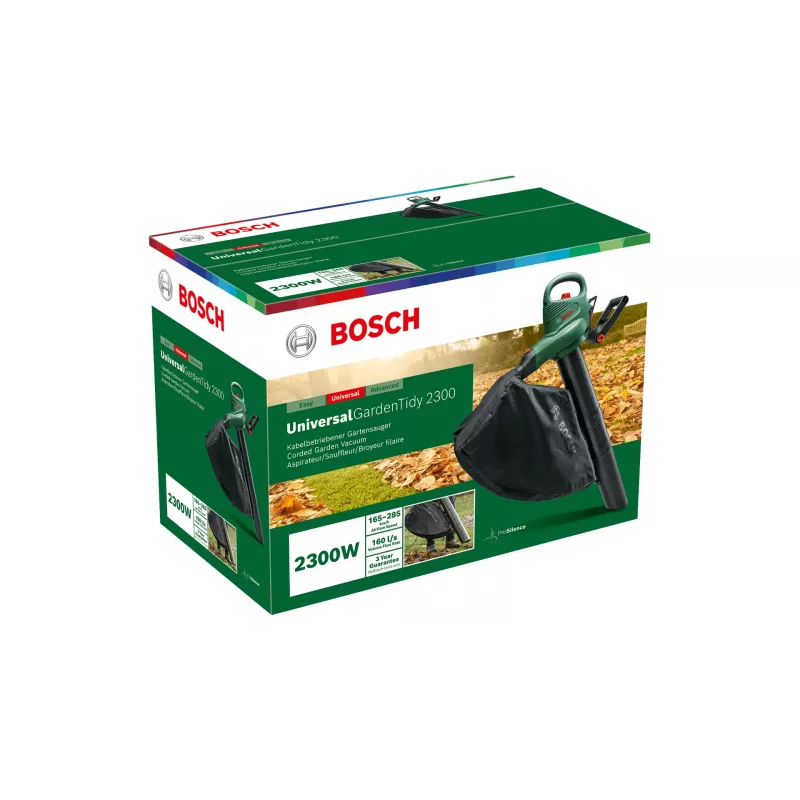 Rankinis pūstuvas Bosch Universal GardenTidy 2300 — 2300 W, 576 m³/h, 45 L rinkimo maišas, 185–285 km/h, smulkinimo funkcija