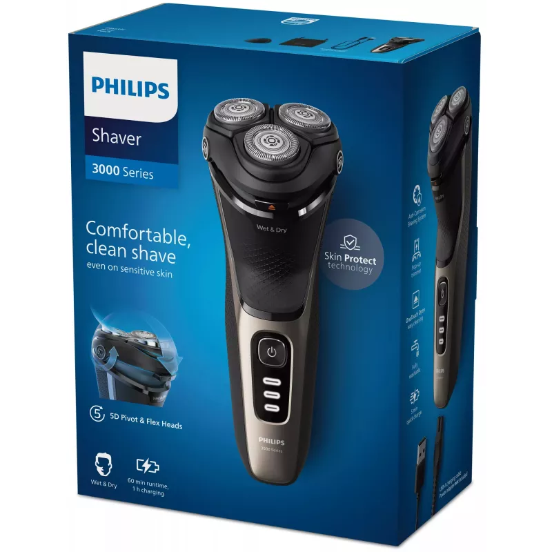 Elektrinis skustuvas Philips 3000 Series S3242/12 — 3 galvutės, šlapias ir sausas, 60 min veikimo, ličio jonų