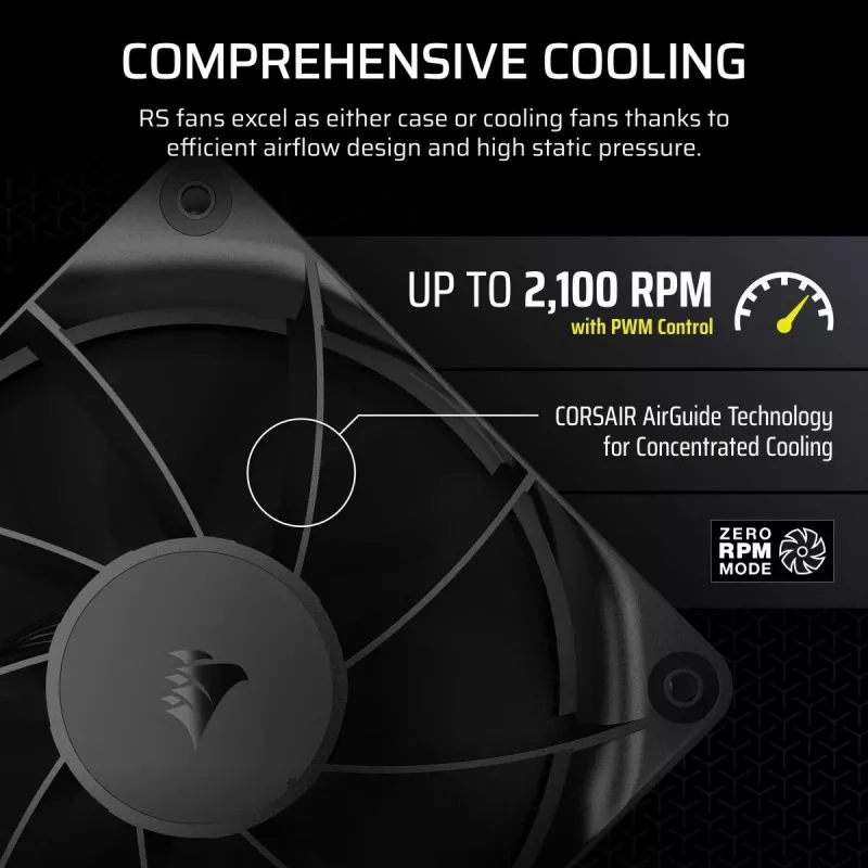Ventiliatorius Corsair RS120 12 cm juodas 420-2100 RPM 0,2-4,15 mmH2O