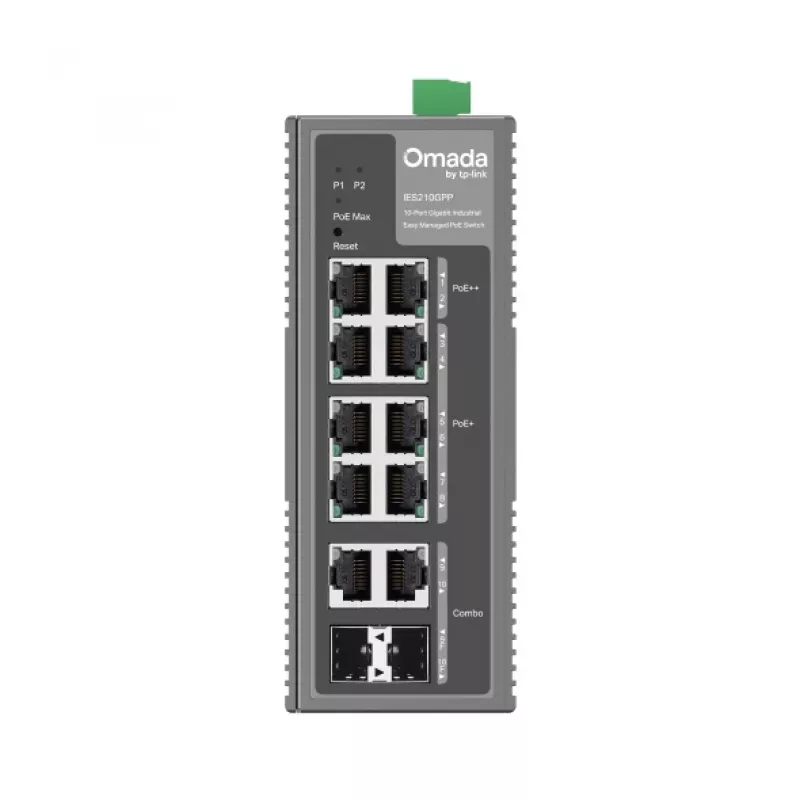 TP-Link Omada 10 prievadų Gigabit pramoninis lengvai valdomas komutatorius su 6 PoE+ ir 2 PoE++ prievadais