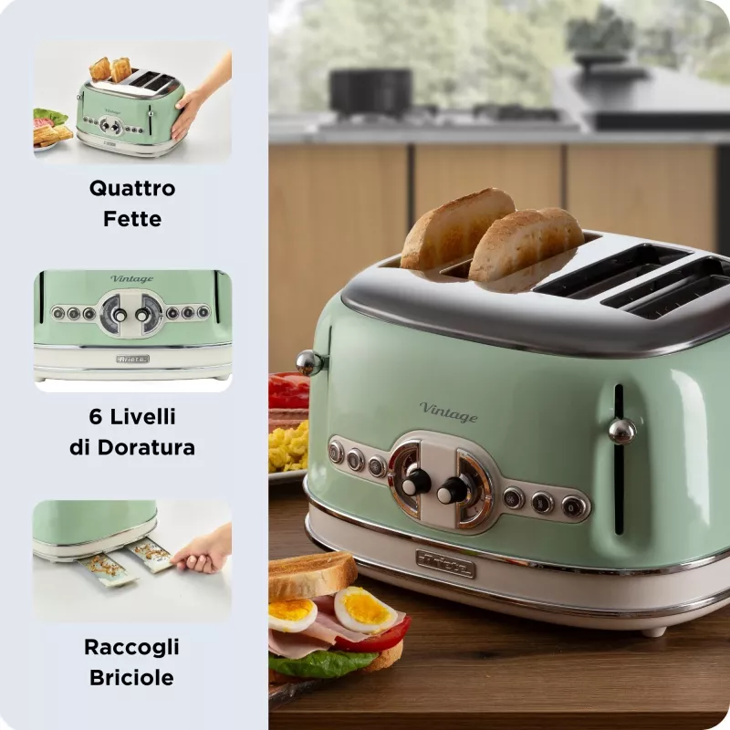 Ariete 156 Vintage skrudintuvas, 4 lizdai, 1600 W, 6 skrudinimo lygiai, nerūdijantis plienas, pastelinė žalia