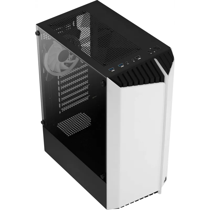PC korpusas AEROCOLL Bionic Midi Tower baltas – ATX, grūdintas stiklas, 2x3,5 colio vietos, 6x2,5 colio, 297 mm GPU, mėlynas LED
