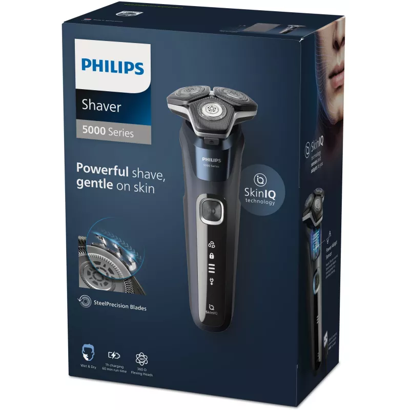 Philips SHAVER Series 5000 S5885/10 vyriškas skustuvas su rotaciniu skustuvu ir trimeriu, juodas, mėlynas