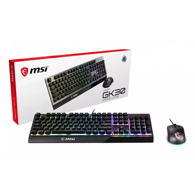 MSI VIGOR GK30 COMBO RGB MEMchanical žaidimų klaviatūra + Clutch GM11 žaidimų pelė, UK išdėstymas, 6 zonų RGB apšvietimas klaviatūroje, dviejų zonų RGB pelė, 5000 DPI optinis jutiklis, RGB Mystic Light