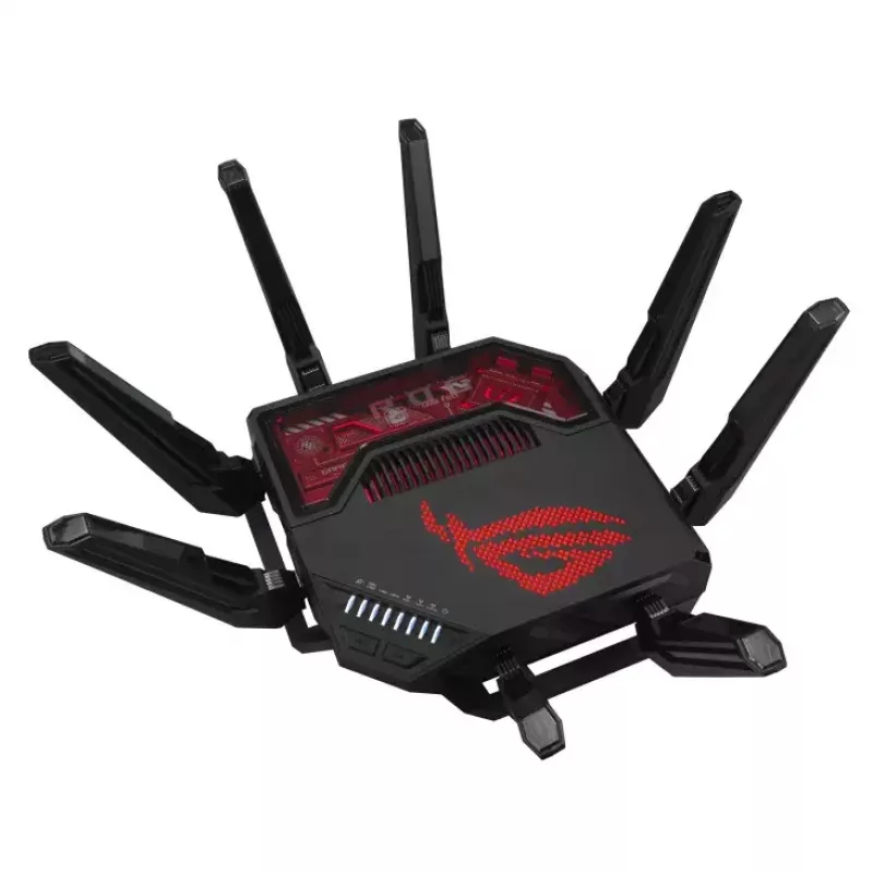 ASUS ROG Rapture GT-BE19000 belaidis maršrutizatorius, trijų juostų (2,4 GHz / 5 GHz / 6 GHz), Multi-Gigabit Ethernet, juodas/raudonas